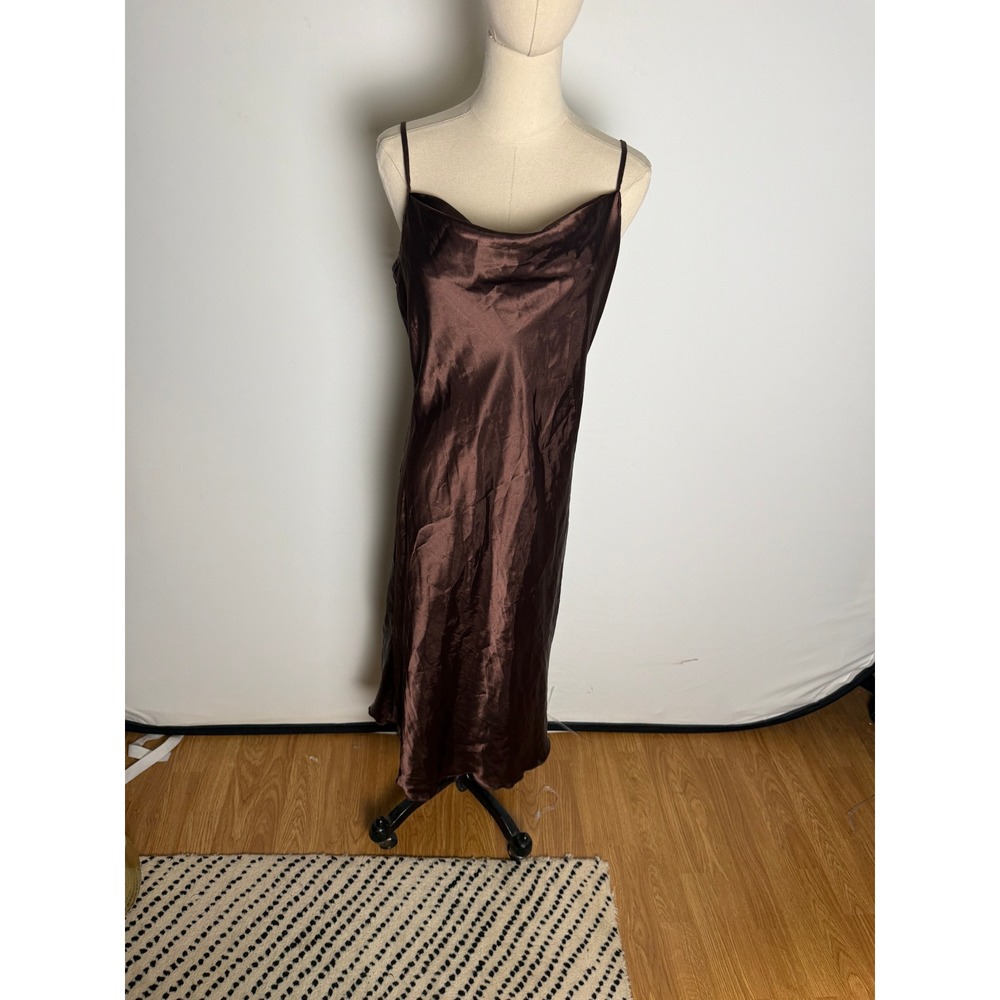 Bebe Women Brown Satin Cowl Neck Midi Slip Dress Adjustable Straps Size S